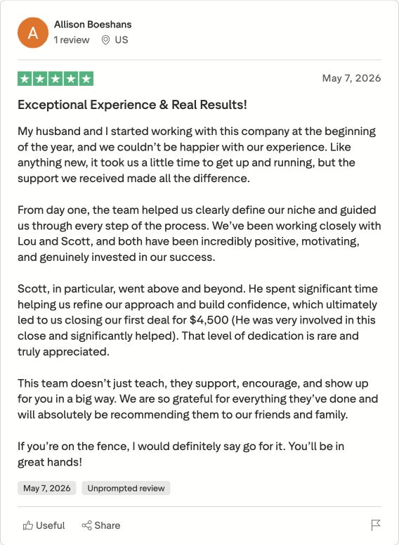 Allison's public Trustpilot review screenshot