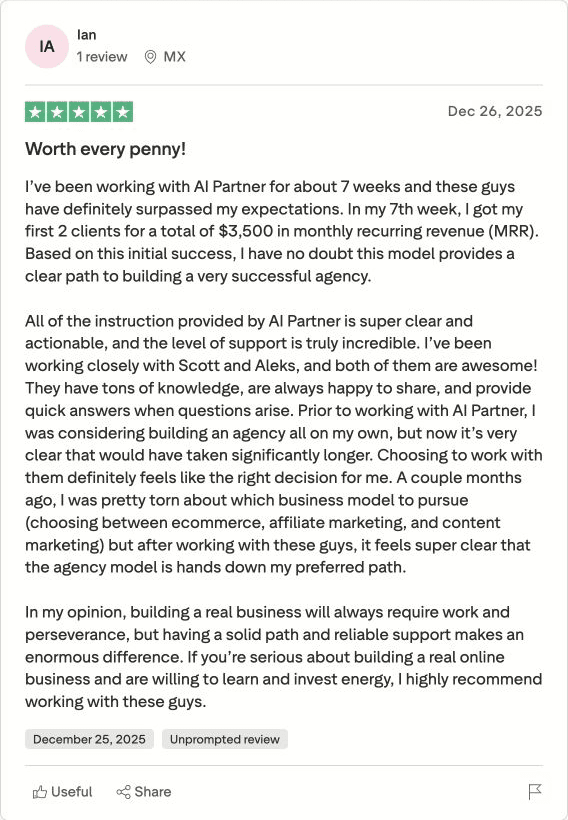 Ian's public Trustpilot review screenshot